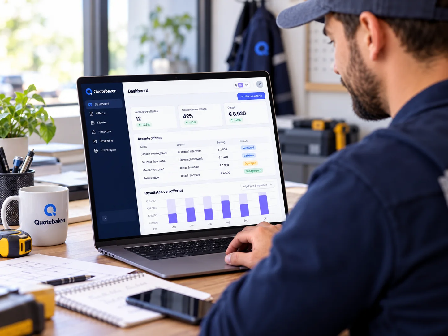 Illustrative concept: contractor working on a laptop with a quote dashboard