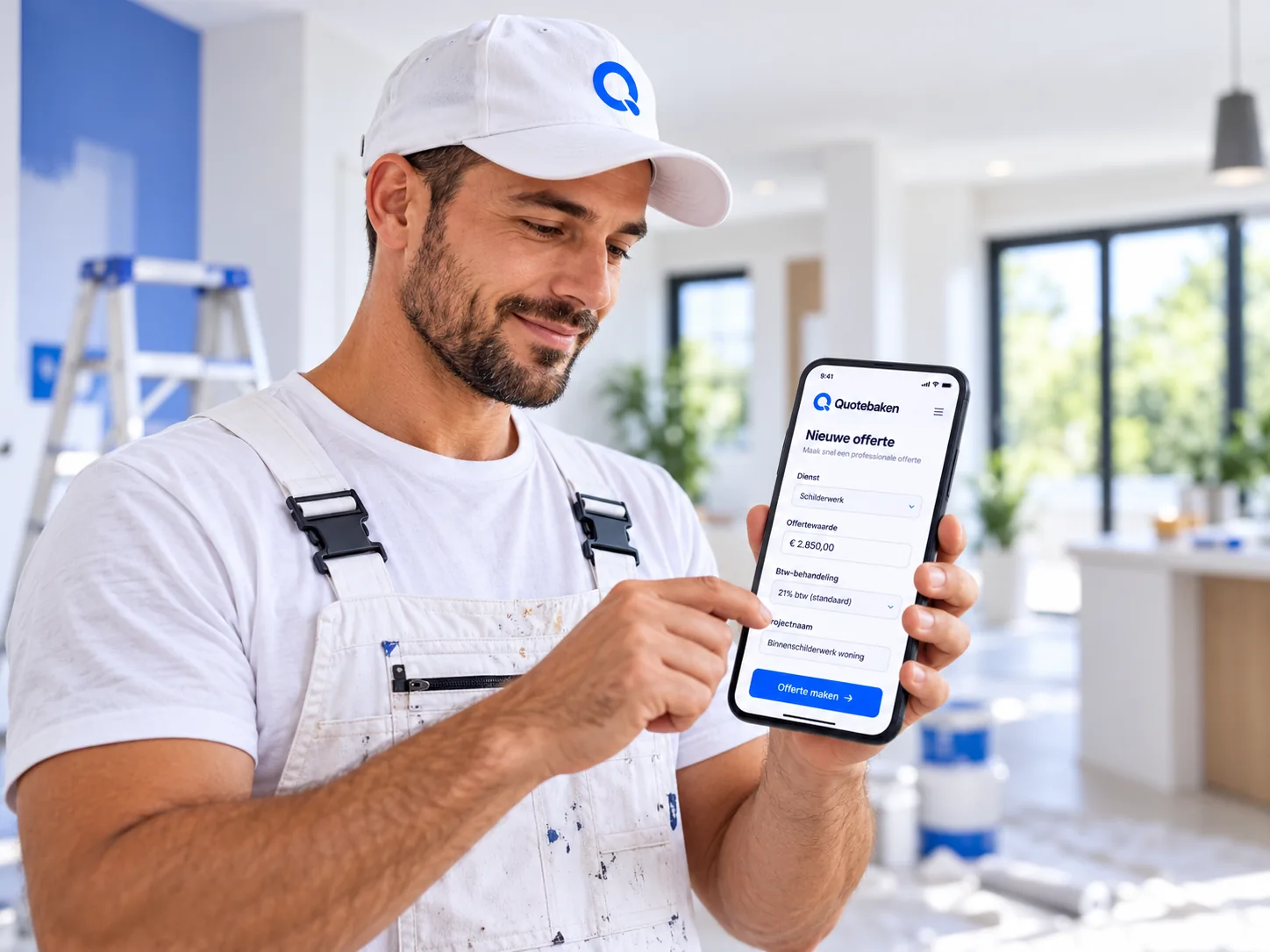 Illustrative concept: painter checking a quote on a phone